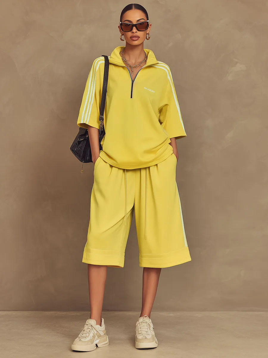 Sporty Retro Yellow Ribbon Crew Neck Short-Sleeve T-Shirt And Shorts Set sold by Oyrosy product image thumbnail 2