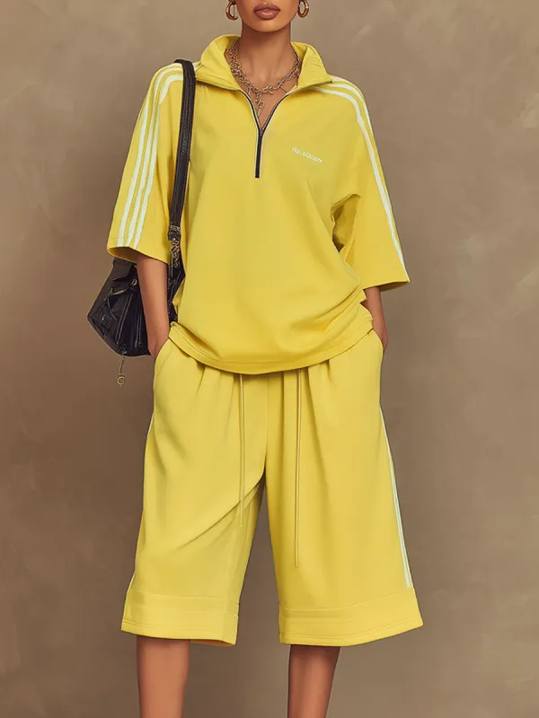 Sporty Retro Yellow Ribbon Crew Neck Short-Sleeve T-Shirt And Shorts Set made by Oyrosy