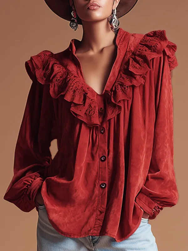 Western Retro Lace Ruffled Red Faux Suede Long-Sleeved Shirt sold by Oyrosy