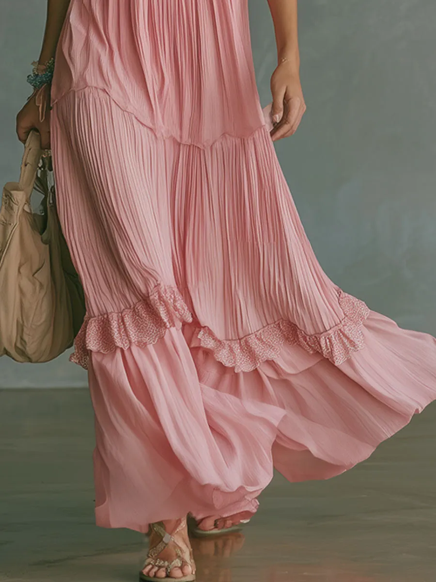 Pink Halter-neck Pleated Chiffon Sleeveless Maxi Dress sold by Oyrosy product image thumbnail 3