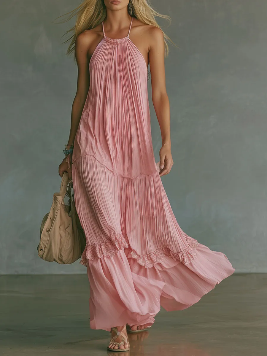 Pink Halter-neck Pleated Chiffon Sleeveless Maxi Dress sold by Oyrosy
