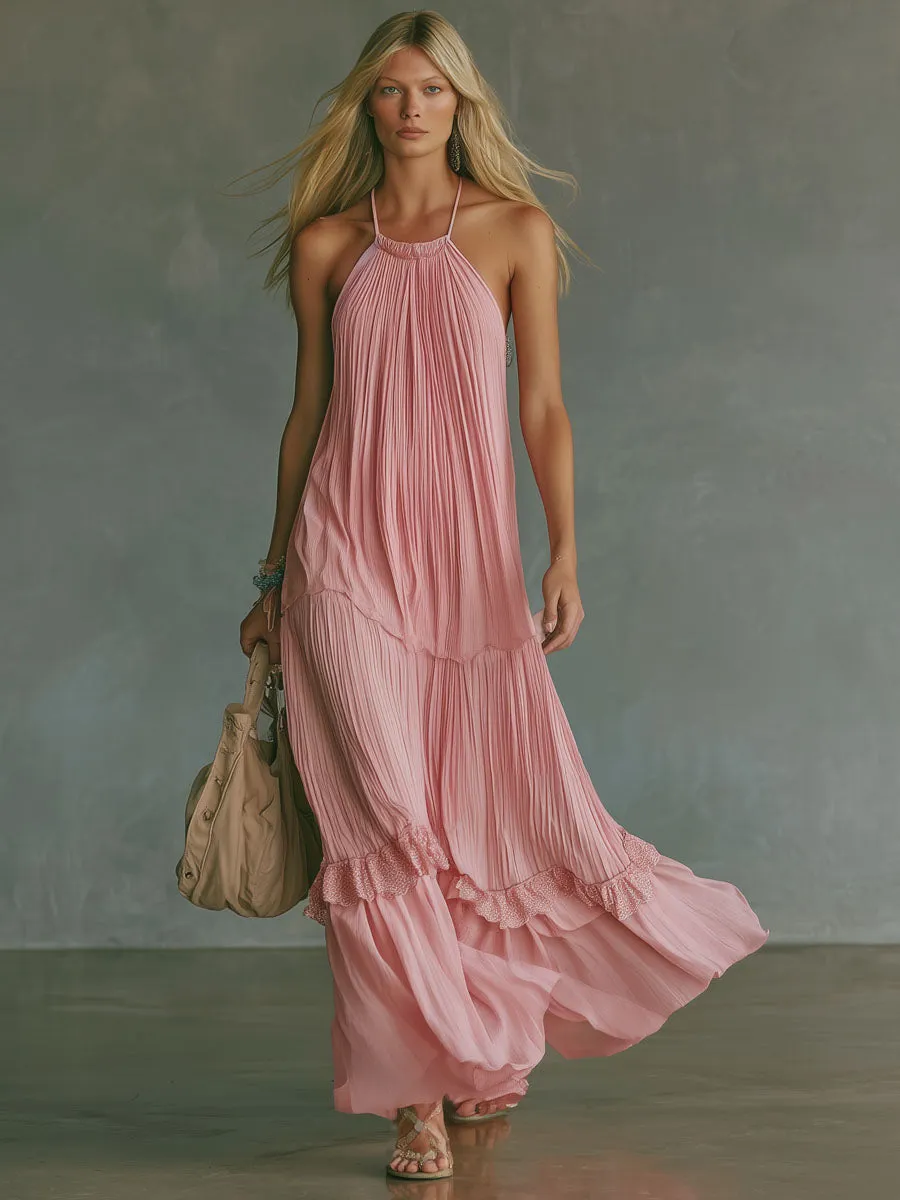 Pink Halter-neck Pleated Chiffon Sleeveless Maxi Dress sold by Oyrosy product image thumbnail 4