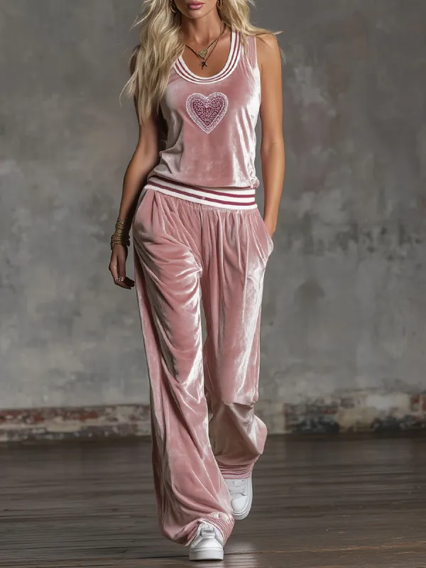Round-neck Sleeveless Top With Heart Embroidery And Matching Velvet Trousers Set sold by Oyrosy