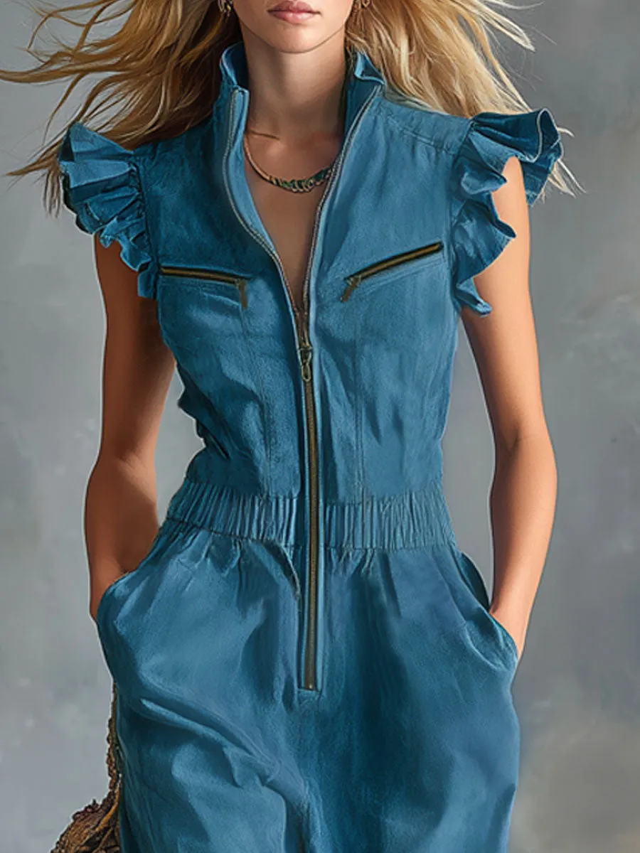 Stand-collar Long-zipper Multi-pocket Faux Suede Ruffled Sleeveless Jumpsuit sold by Oyrosy product image thumbnail 3