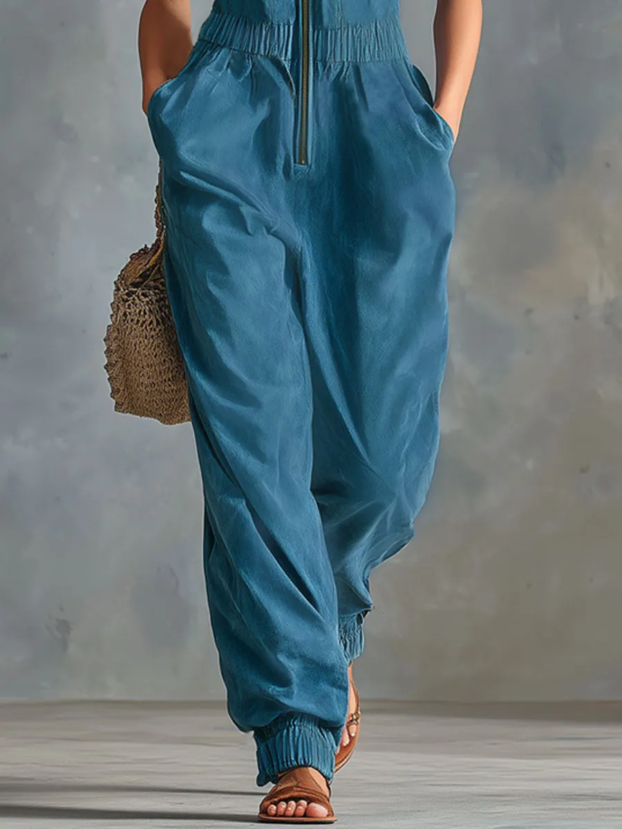 Stand-collar Long-zipper Multi-pocket Faux Suede Ruffled Sleeveless Jumpsuit sold by Oyrosy product image thumbnail 2