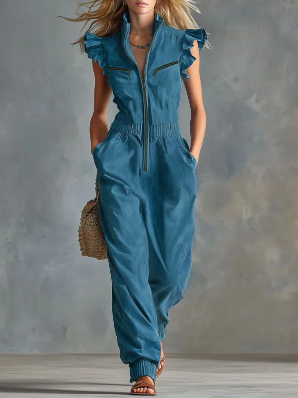 Stand-collar Long-zipper Multi-pocket Faux Suede Ruffled Sleeveless Jumpsuit sold by Oyrosy