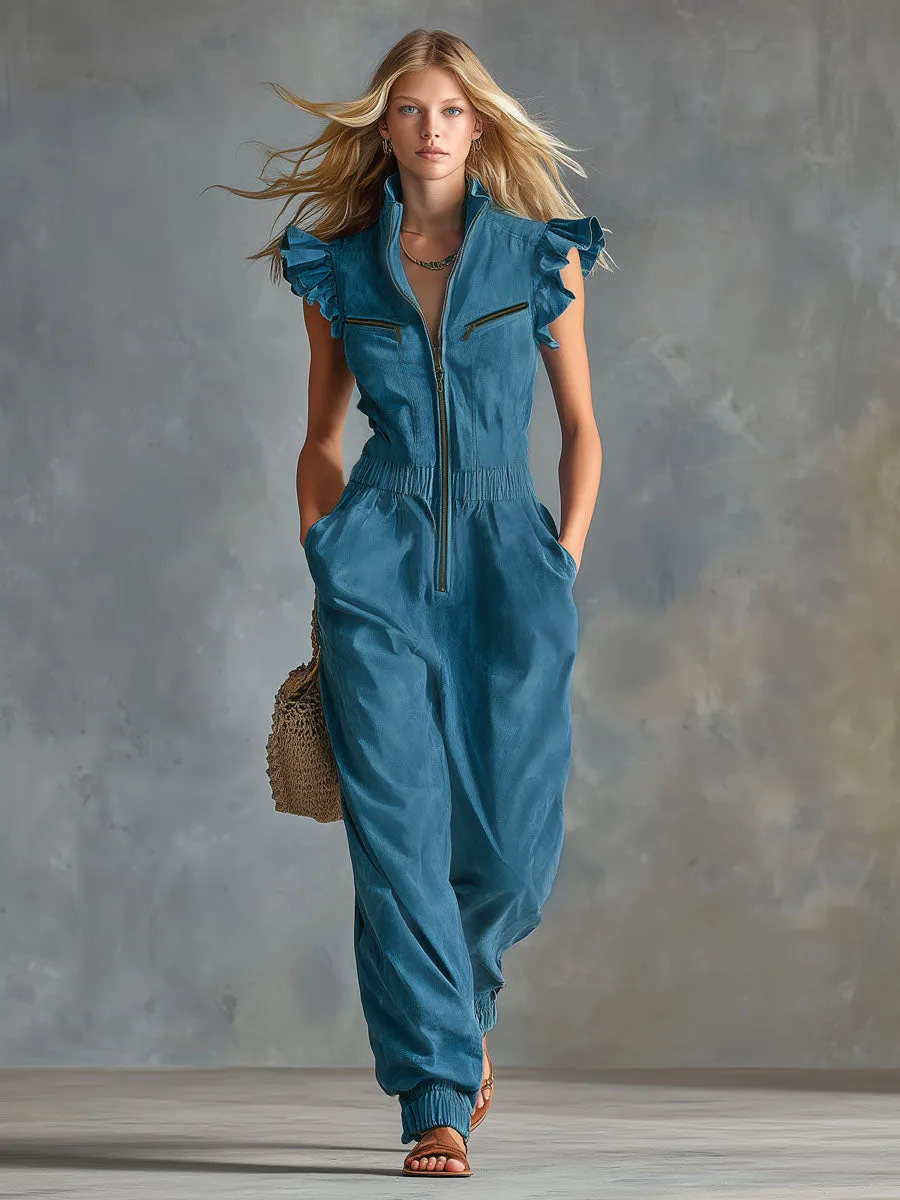 Stand-collar Long-zipper Multi-pocket Faux Suede Ruffled Sleeveless Jumpsuit sold by Oyrosy product image thumbnail 4