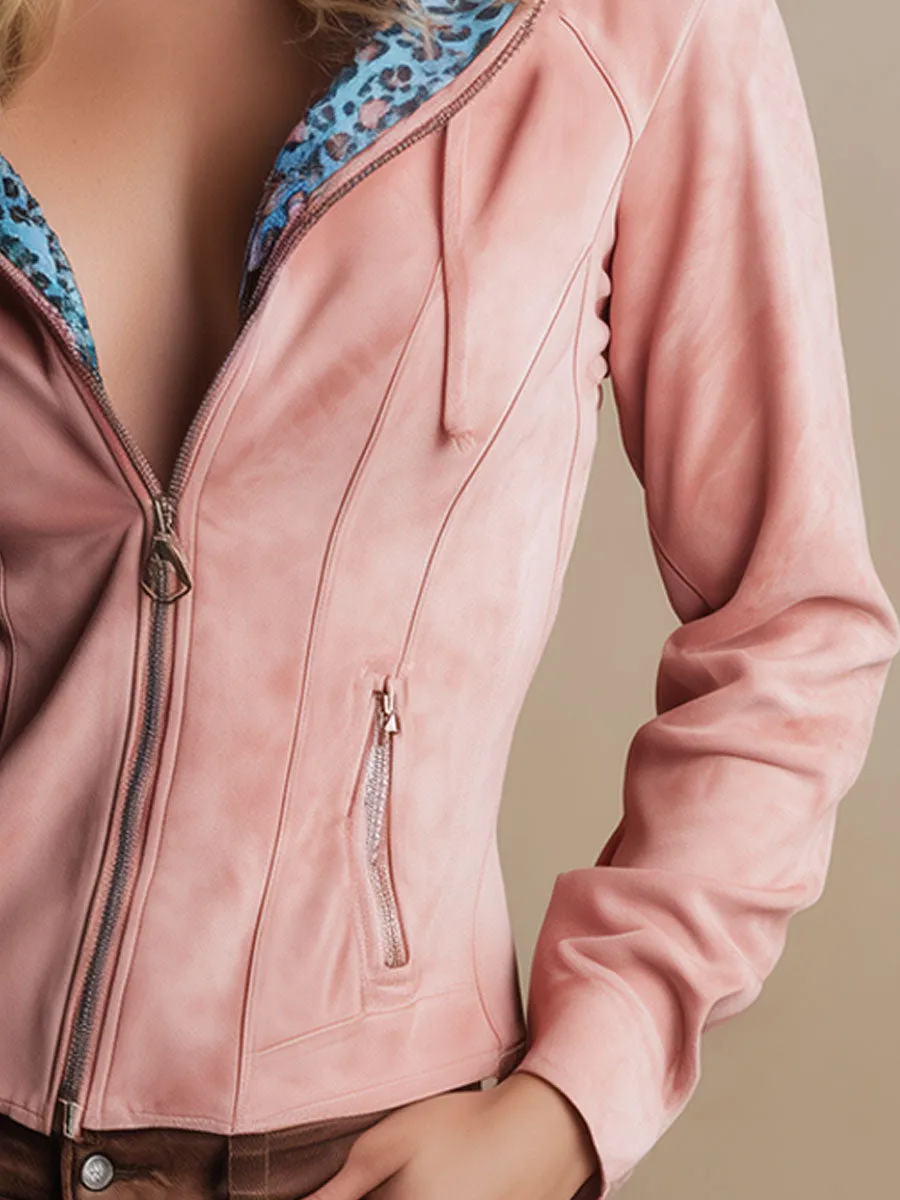 Western Retro Blue Leopard Print Hooded Light Pink Faux Suede Long-Sleeve Shirt sold by Oyrosy product image thumbnail 4