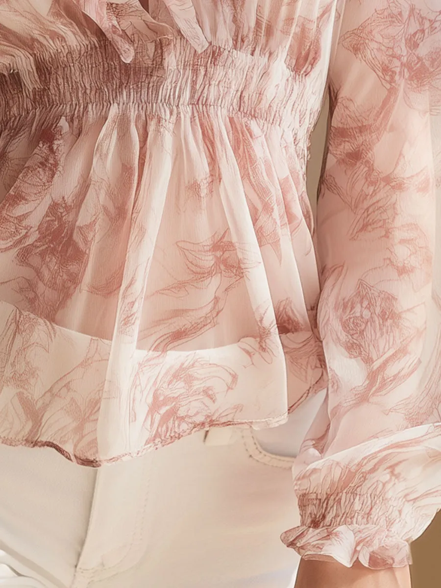 Stylish And Elegant Pink Rose Print Ruffled V-neck Chiffon Blouse sold by Oyrosy product image thumbnail 4