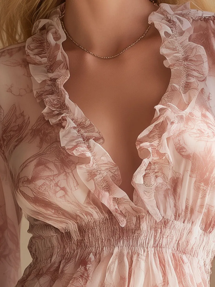 Stylish And Elegant Pink Rose Print Ruffled V-neck Chiffon Blouse sold by Oyrosy product image thumbnail 3