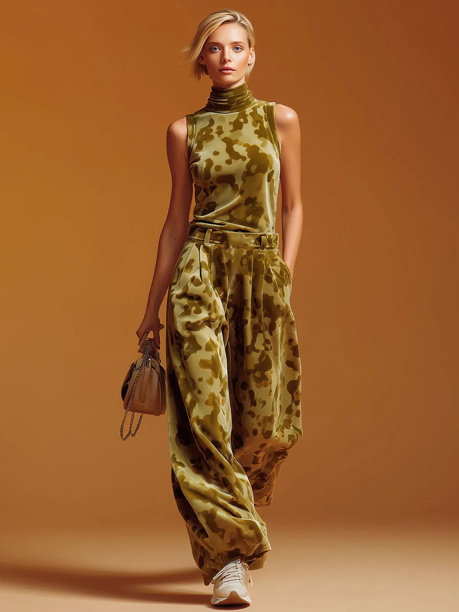 Sporty Retro Green Camouflage Velvet Turtleneck Vest And Wide-leg Pants Set sold by Oyrosy product image thumbnail 2