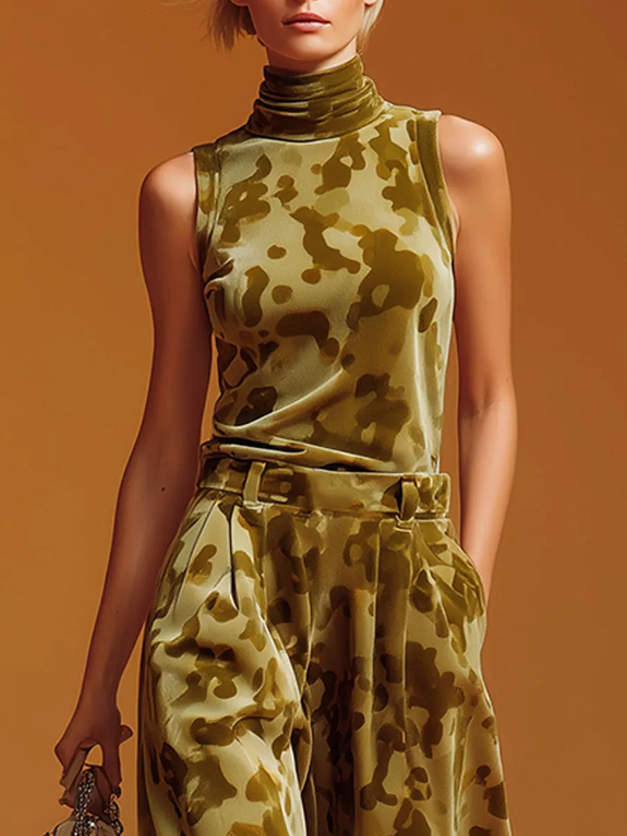 Sporty Retro Green Camouflage Velvet Turtleneck Vest And Wide-leg Pants Set sold by Oyrosy product image thumbnail 3