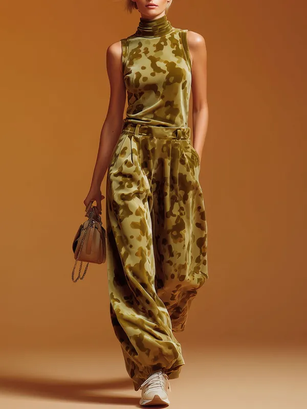 Sporty Retro Green Camouflage Velvet Turtleneck Vest And Wide-leg Pants Set made by Oyrosy
