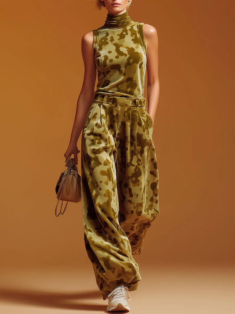 Sporty Retro Green Camouflage Velvet Turtleneck Vest And Wide-leg Pants Set sold by Oyrosy