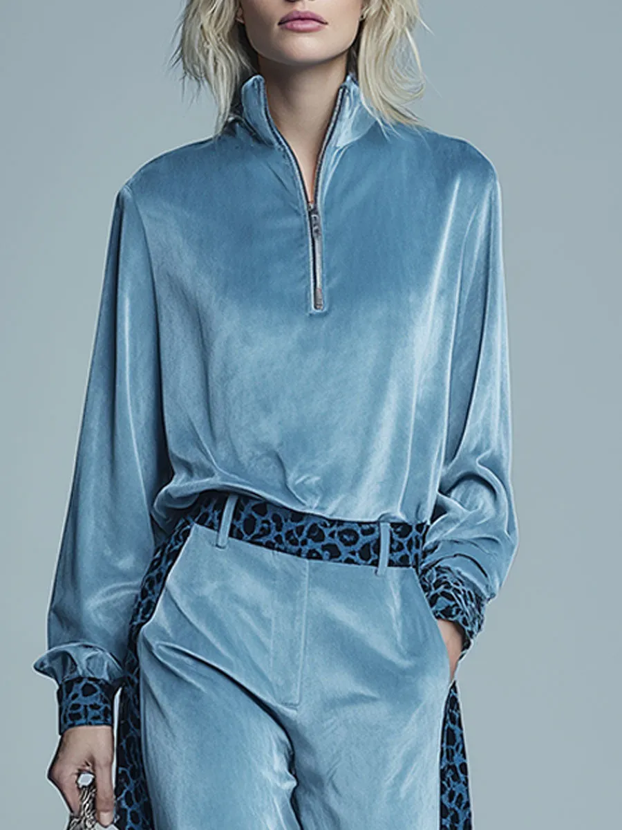 Sporty Retro Leopard Print Blue Velvet Zip-up Top And Wide-leg Pants Set sold by Oyrosy product image thumbnail 3