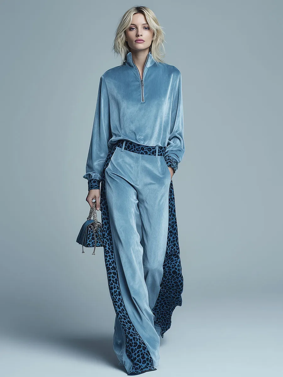 Sporty Retro Leopard Print Blue Velvet Zip-up Top And Wide-leg Pants Set sold by Oyrosy product image thumbnail 2
