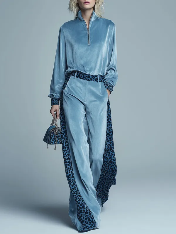 Sporty Retro Leopard Print Blue Velvet Zip-up Top And Wide-leg Pants Set sold by Oyrosy