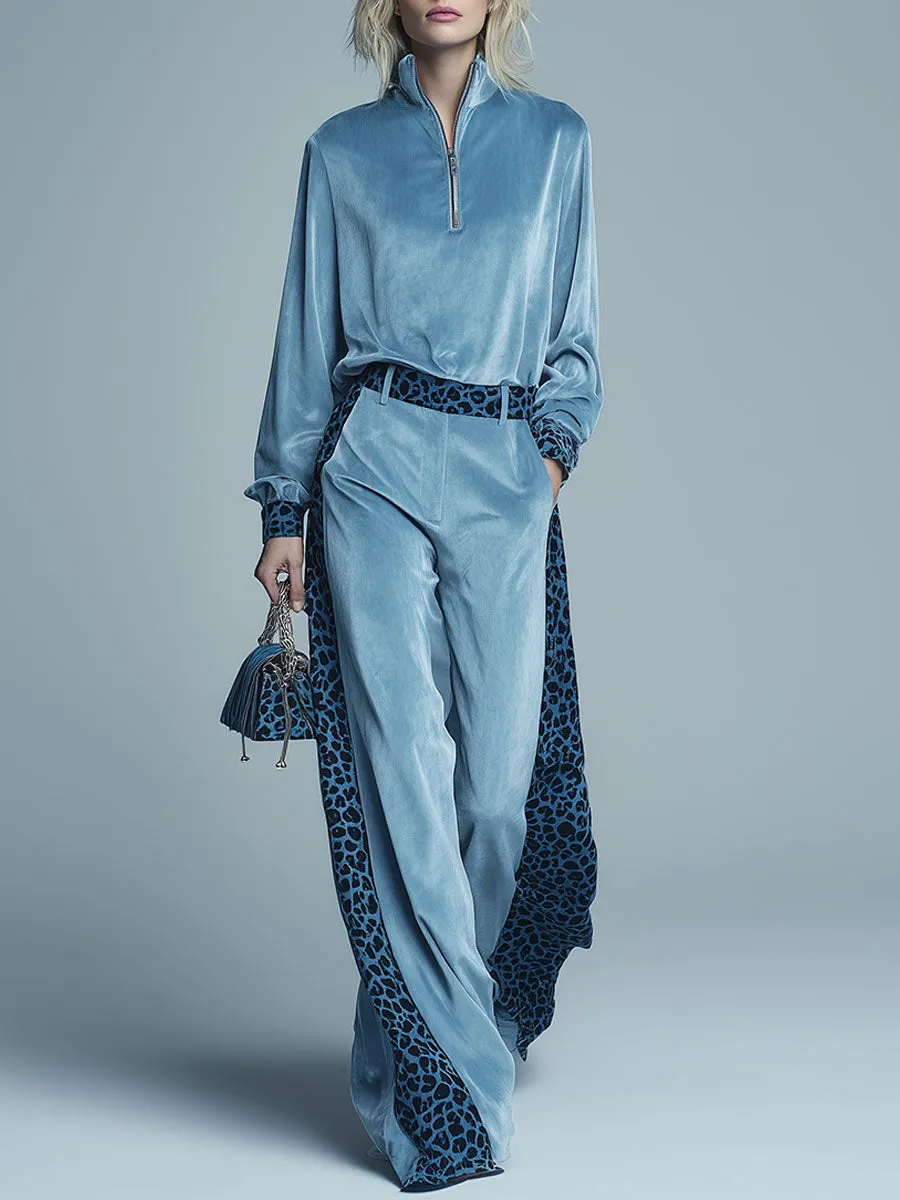 Sporty Retro Leopard Print Blue Velvet Zip-up Top And Wide-leg Pants Set sold by Oyrosy