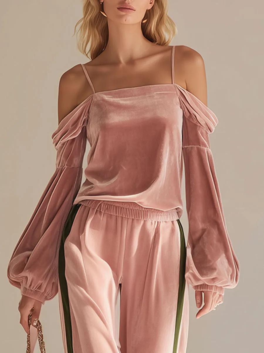 Fashionable Sporty Pink Velvet Off-the-shoulder Top And Wide-leg Pants Set sold by Oyrosy product image thumbnail 4