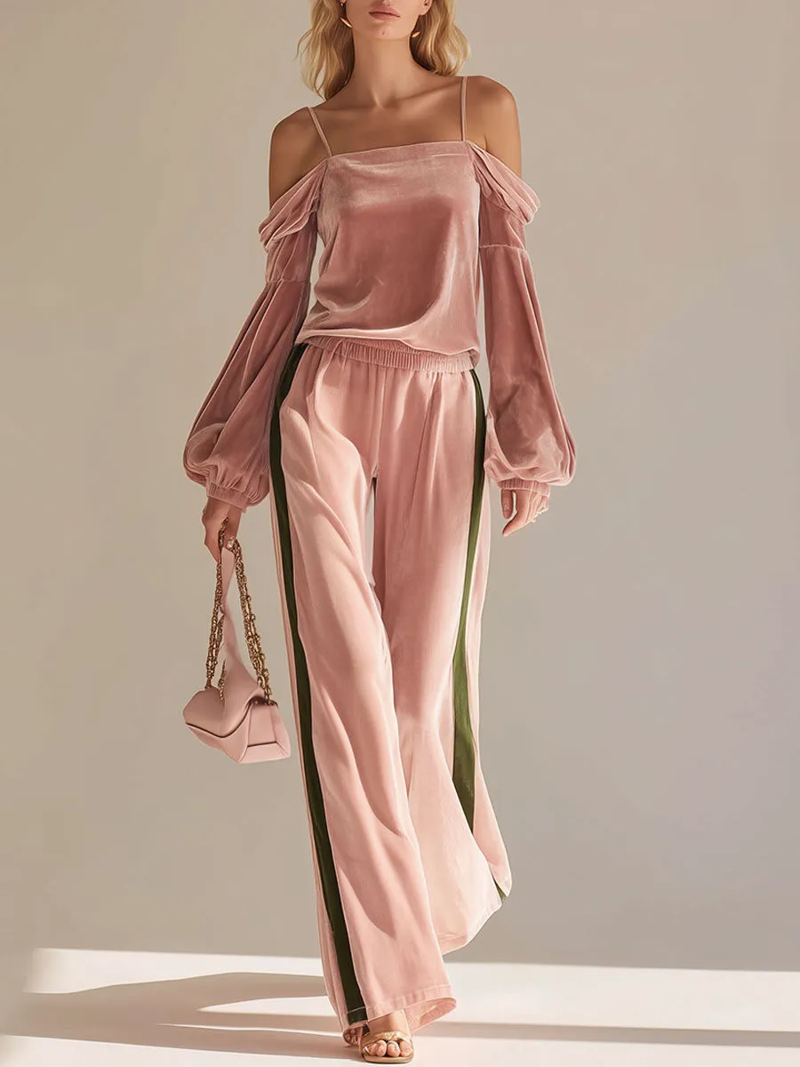 Fashionable Sporty Pink Velvet Off-the-shoulder Top And Wide-leg Pants Set sold by Oyrosy