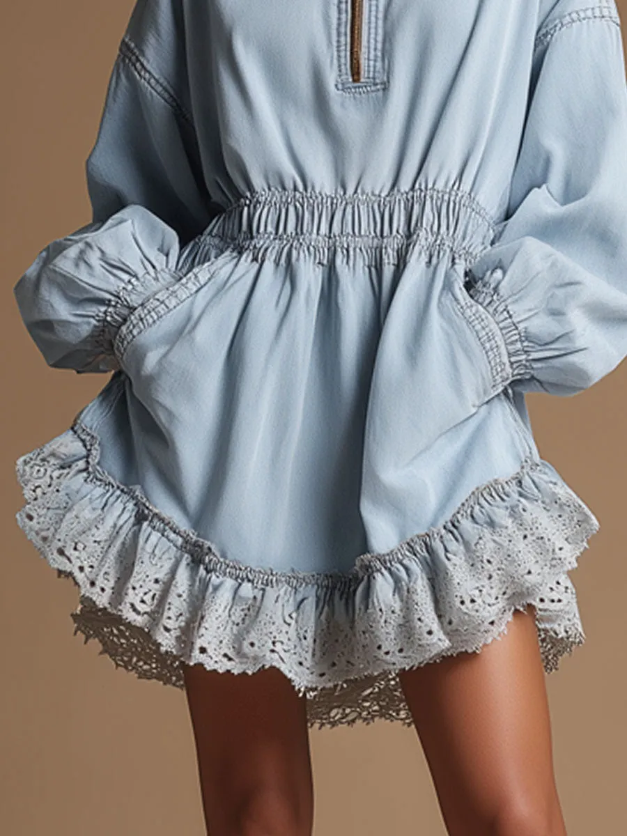 Casual Retro Lace Ruffle Long-sleeved Light Blue Denim Mini Dress sold by Oyrosy product image thumbnail 4