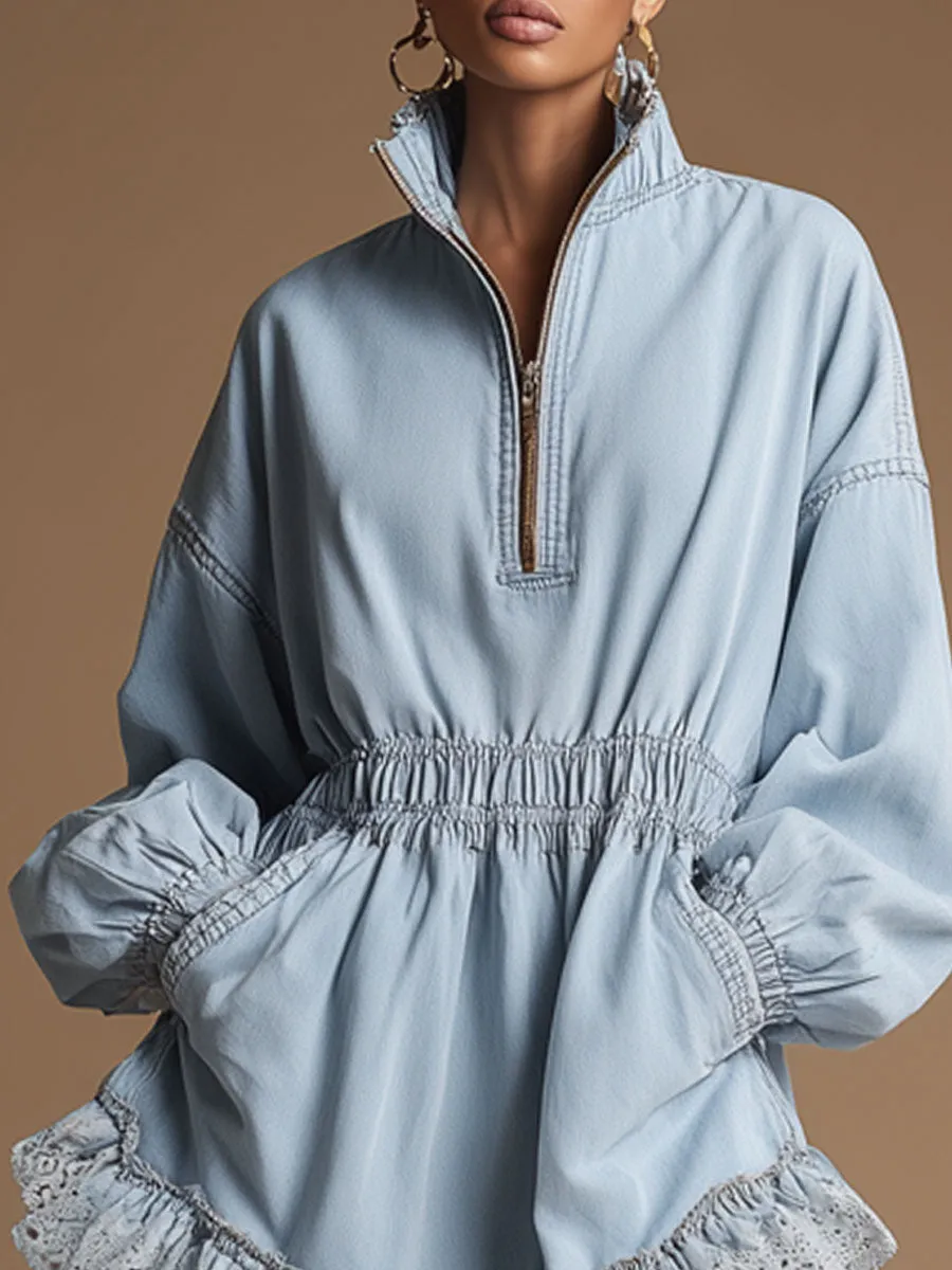 Casual Retro Lace Ruffle Long-sleeved Light Blue Denim Mini Dress sold by Oyrosy product image thumbnail 3