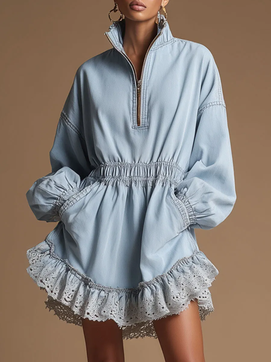 Casual Retro Lace Ruffle Long-sleeved Light Blue Denim Mini Dress sold by Oyrosy