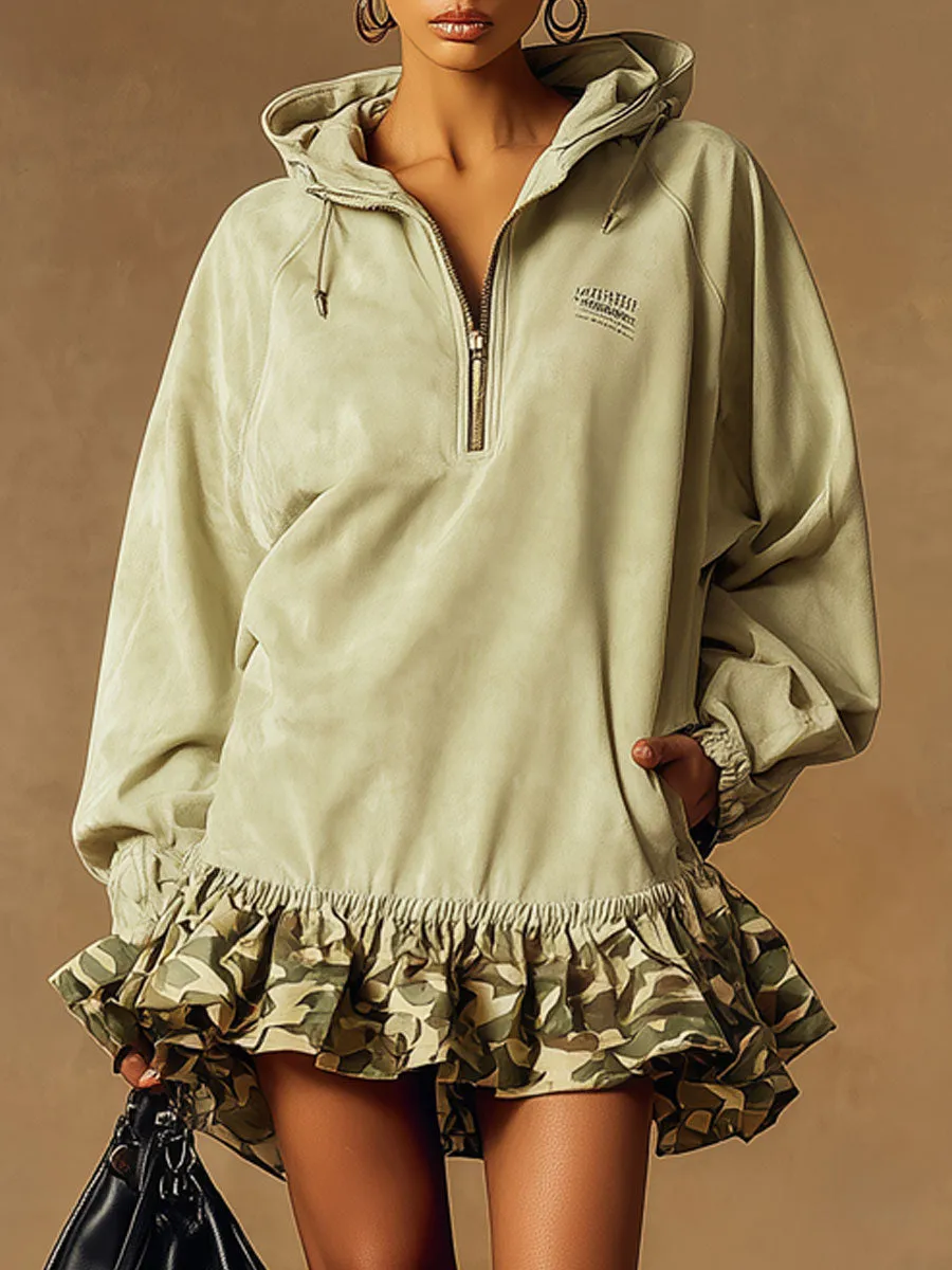 Western Retro Camouflage Ruffled Light Green Faux Suede Hooded Mini Dress sold by Oyrosy