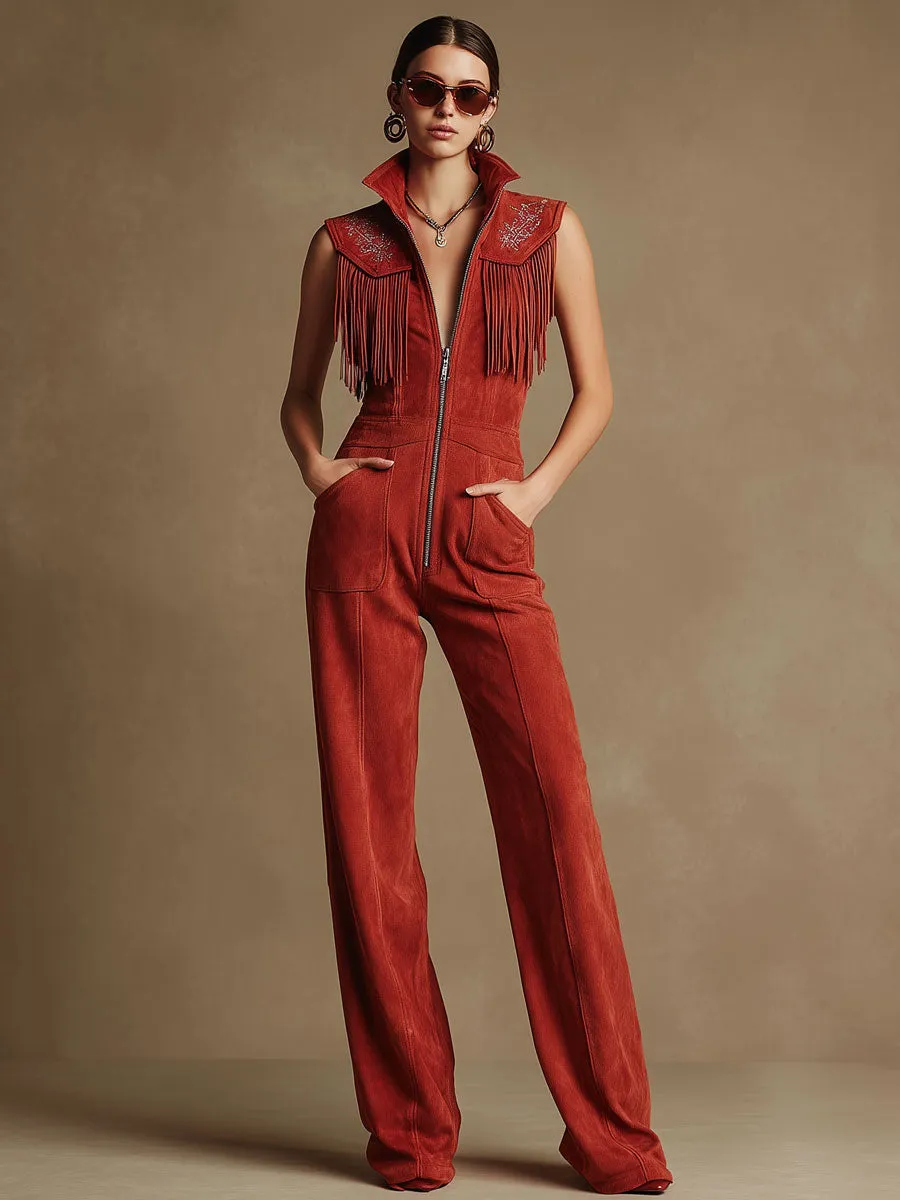 Western-style Retro Embroidered Tassel Red Faux Suede Sleeveless Jumpsuit sold by Oyrosy product image thumbnail 2