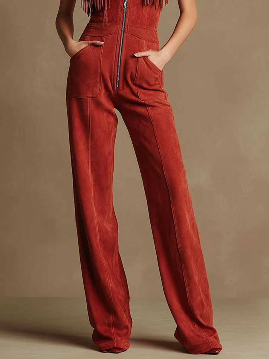 Western-style Retro Embroidered Tassel Red Faux Suede Sleeveless Jumpsuit sold by Oyrosy product image thumbnail 4