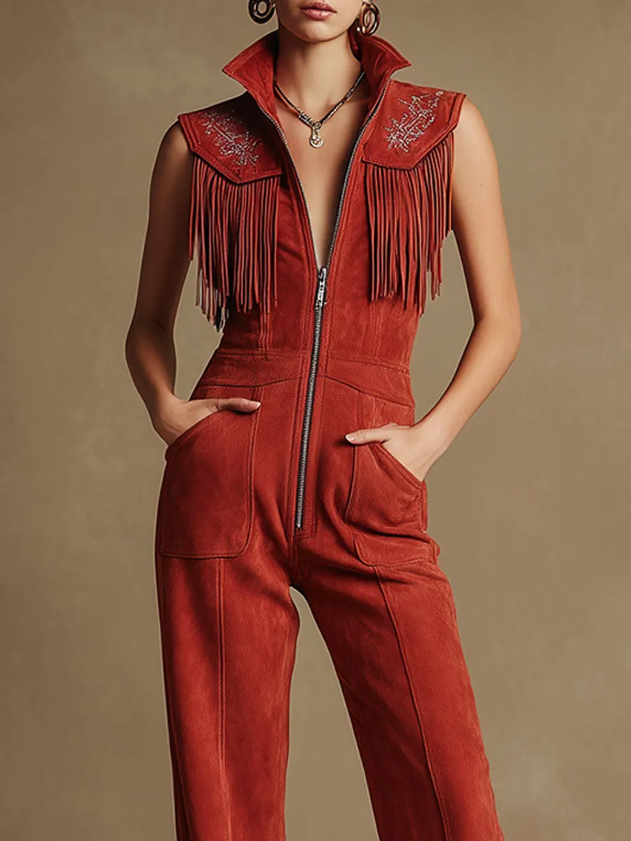 Western-style Retro Embroidered Tassel Red Faux Suede Sleeveless Jumpsuit sold by Oyrosy product image thumbnail 3