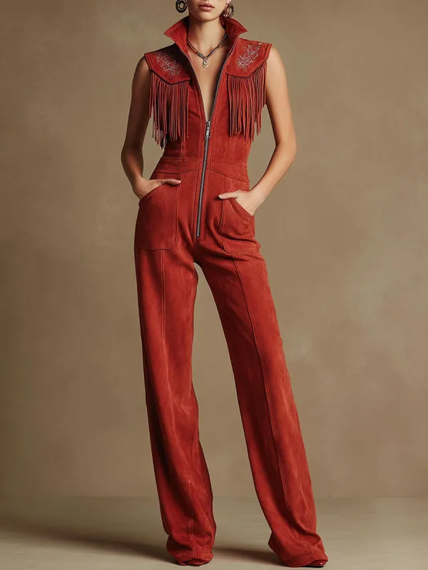 Western-style Retro Embroidered Tassel Red Faux Suede Sleeveless Jumpsuit made by Oyrosy