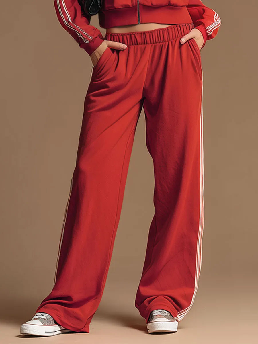 Sporty Retro Ribbon Embroidered Red Zipper Hooded Sweatshirt And Wide-Leg Pants Set sold by Oyrosy product image thumbnail 4