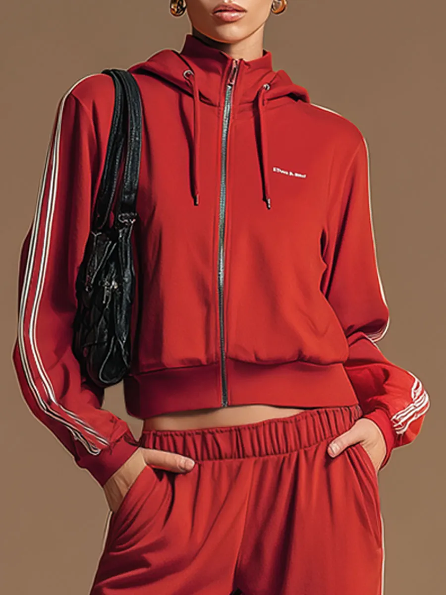 Sporty Retro Ribbon Embroidered Red Zipper Hooded Sweatshirt And Wide-Leg Pants Set sold by Oyrosy product image thumbnail 3