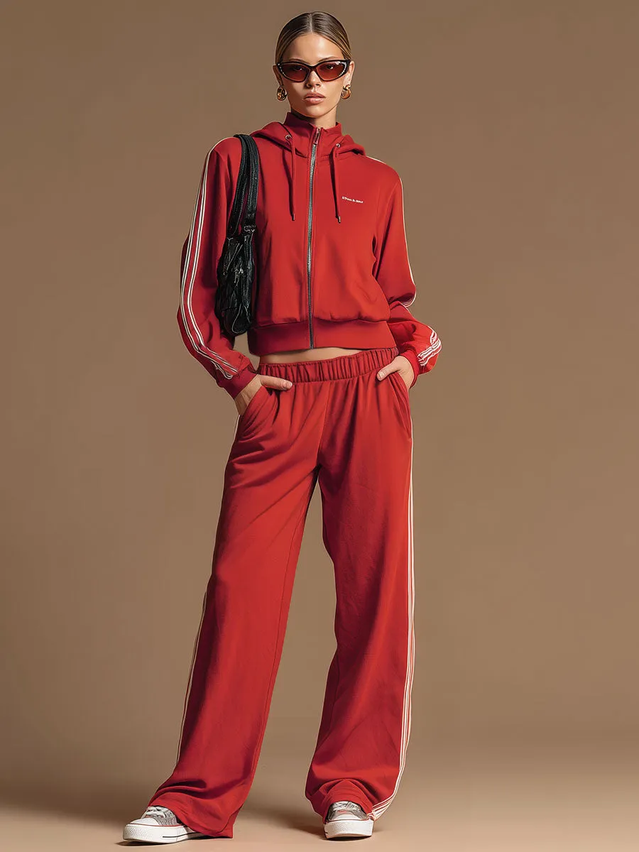 Sporty Retro Ribbon Embroidered Red Zipper Hooded Sweatshirt And Wide-Leg Pants Set sold by Oyrosy product image thumbnail 2
