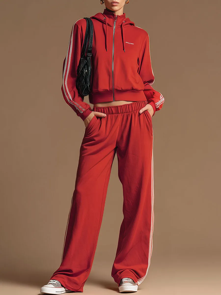 Sporty Retro Ribbon Embroidered Red Zipper Hooded Sweatshirt And Wide-Leg Pants Set sold by Oyrosy