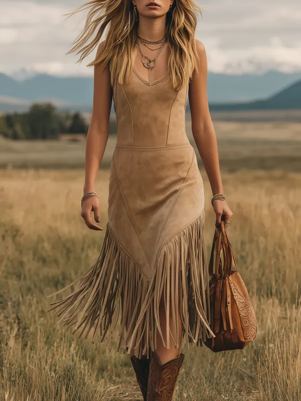 Western-style Outdoor Sleeveless V-neck Fringed Faux Suede Midi Dress made by Oyrosy