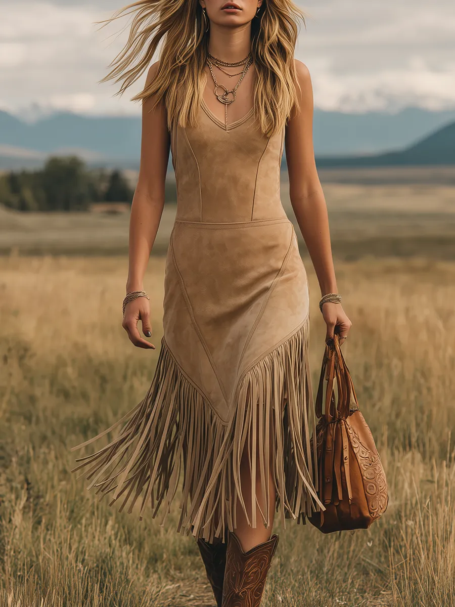 Western-style Outdoor Sleeveless V-neck Fringed Faux Suede Midi Dress sold by Oyrosy