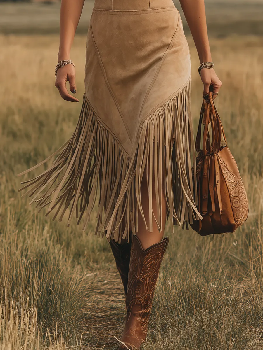 Western-style Outdoor Sleeveless V-neck Fringed Faux Suede Midi Dress sold by Oyrosy product image thumbnail 4