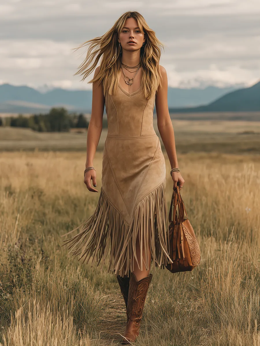 Western-style Outdoor Sleeveless V-neck Fringed Faux Suede Midi Dress sold by Oyrosy product image thumbnail 2