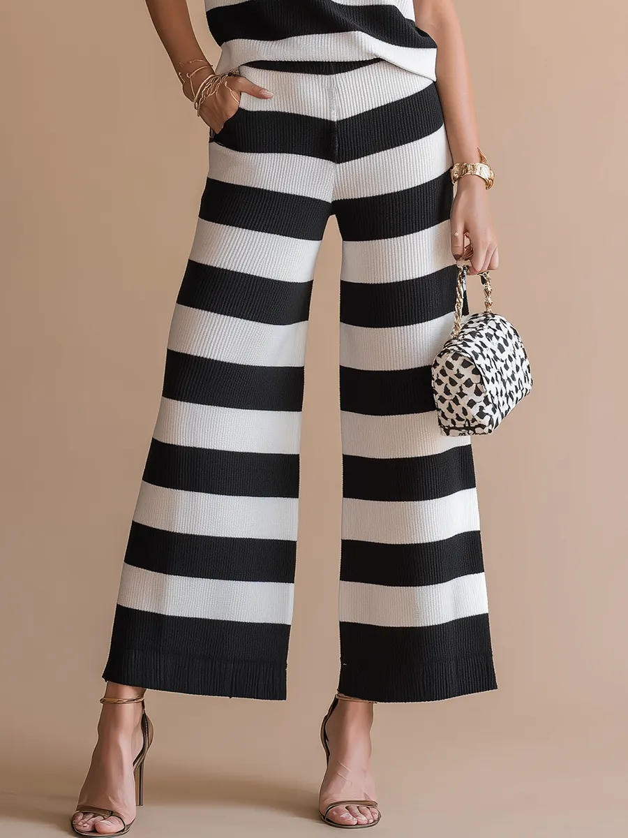 Casual Classic Black And White Striped Knit Top And Wide-leg Pants Set sold by Oyrosy product image thumbnail 4