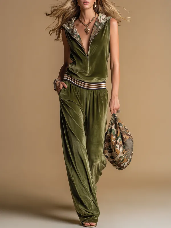 Sporty Retro Velvet Hooded Vest And Wide-leg Pants Set sold by Oyrosy