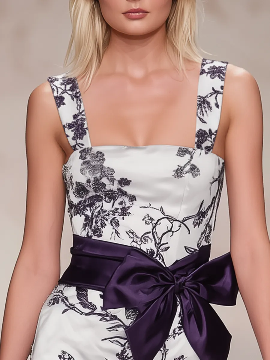 Elegant Retro Square Neck Sleeveless Printed Satin Maxi Dress sold by Oyrosy product image thumbnail 3