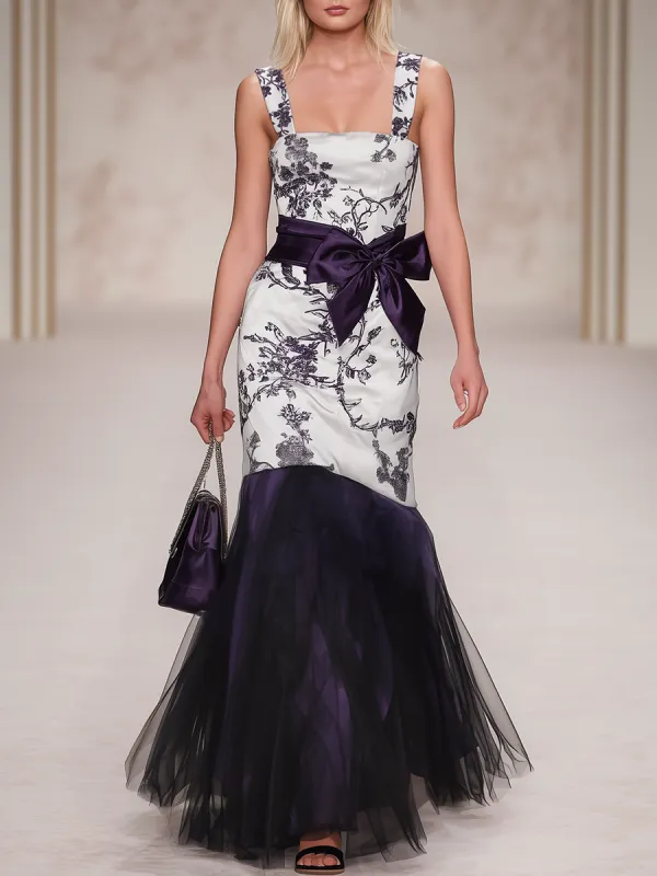 Elegant Retro Square Neck Sleeveless Printed Satin Maxi Dress sold by Oyrosy