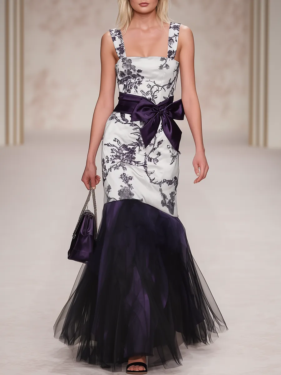 Elegant Retro Square Neck Sleeveless Printed Satin Maxi Dress sold by Oyrosy