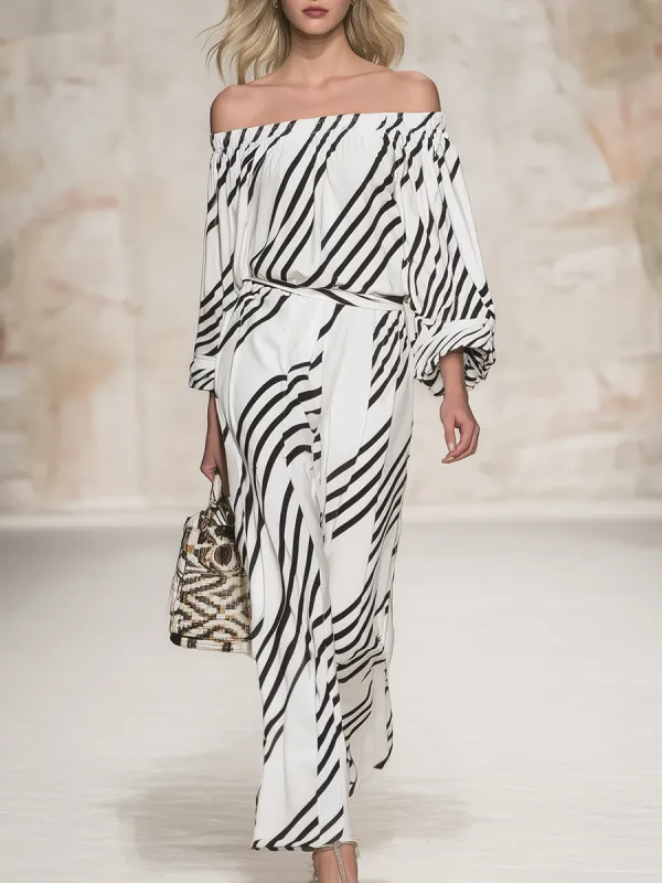 Stylish And Elegant Off-the-shoulder Long-sleeved Top And Trousers Set sold by Oyrosy