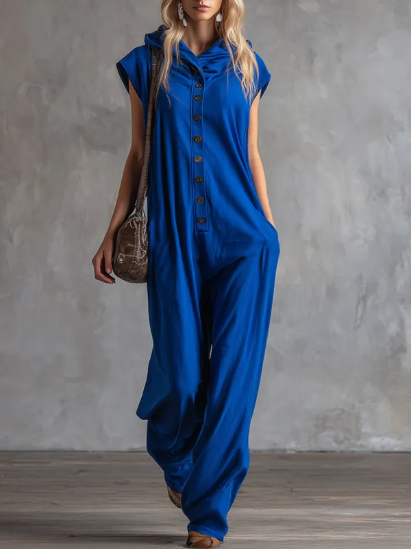 Stylish And Sporty Royal Blue Hooded Wide-shouldered Cotton Sleeveless Jumpsuit sold by Oyrosy