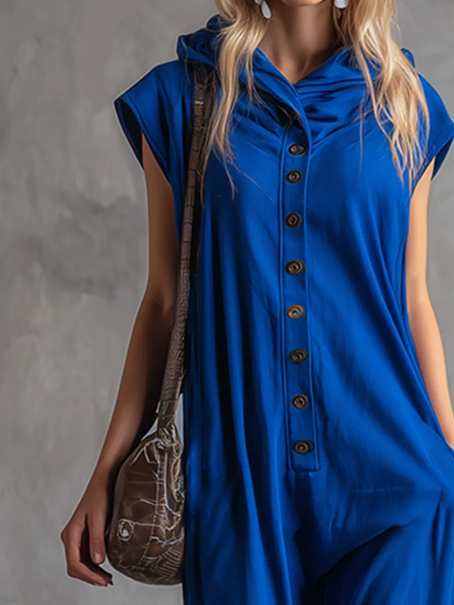 Stylish And Sporty Royal Blue Hooded Wide-shouldered Cotton Sleeveless Jumpsuit sold by Oyrosy product image thumbnail 3