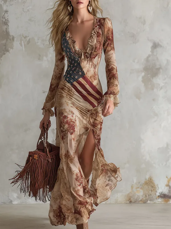 Vintage Bohemian Apricot Floral Print Chiffon Long-sleeved Maxi Dress sold by Oyrosy