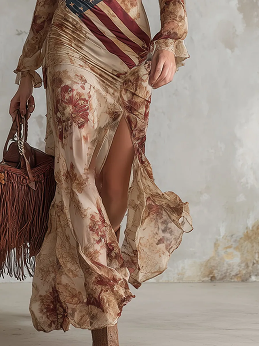 Vintage Bohemian Apricot Floral Print Chiffon Long-sleeved Maxi Dress sold by Oyrosy product image thumbnail 4